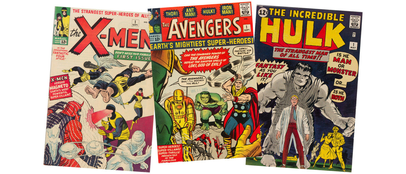 Collage of iconic Golden and Silver Age comic book covers including Superman, Batman, and Spider-Man.
