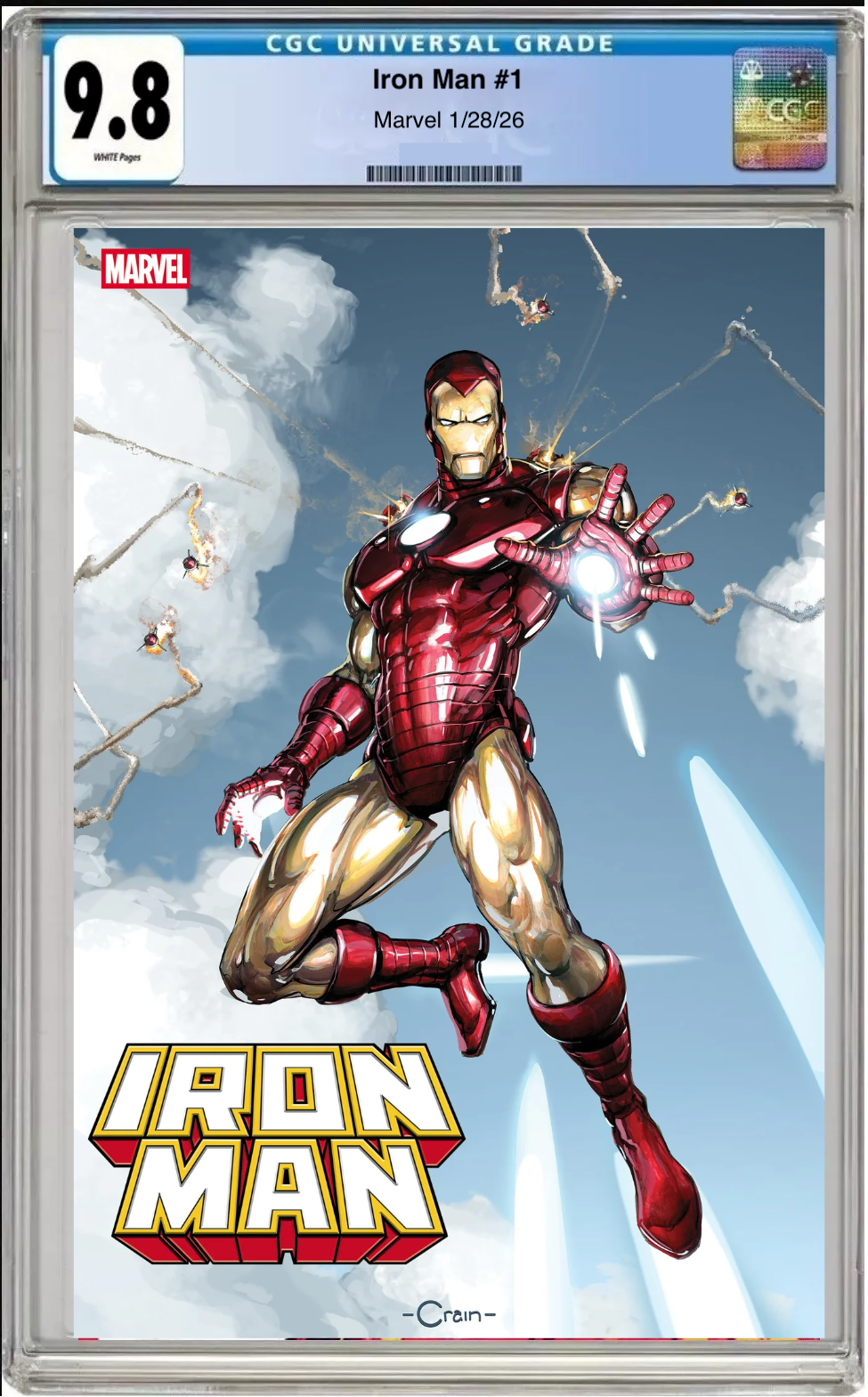 Comic book cover of Iron Man #1 Clayton Crain Cover with CGC grading label.