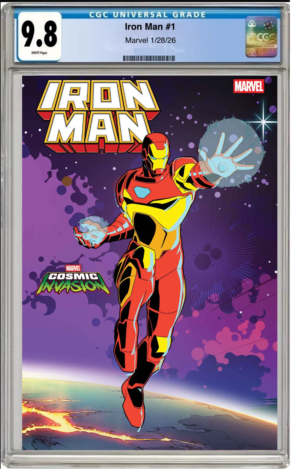 Comic book cover of Iron Man #1 Marvel Cosmic Invasion Cover with CGC grading label.