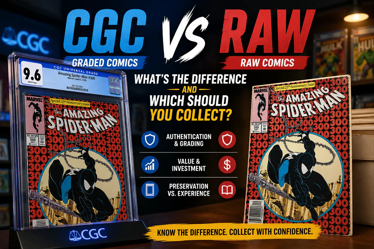 CGC graded comic slab vs raw comic book comparison showing condition, protection, and collector value differences.