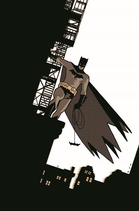 Batman hanging from a building with a cityscape in the background