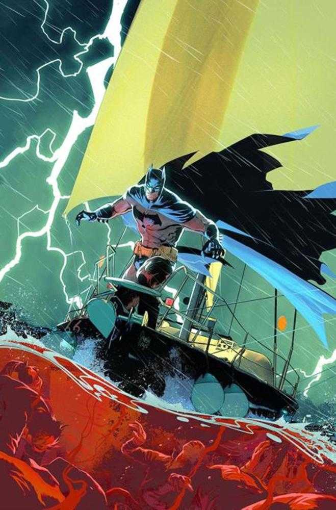 Superhero in a dynamic pose with a cityscape and boat in the background