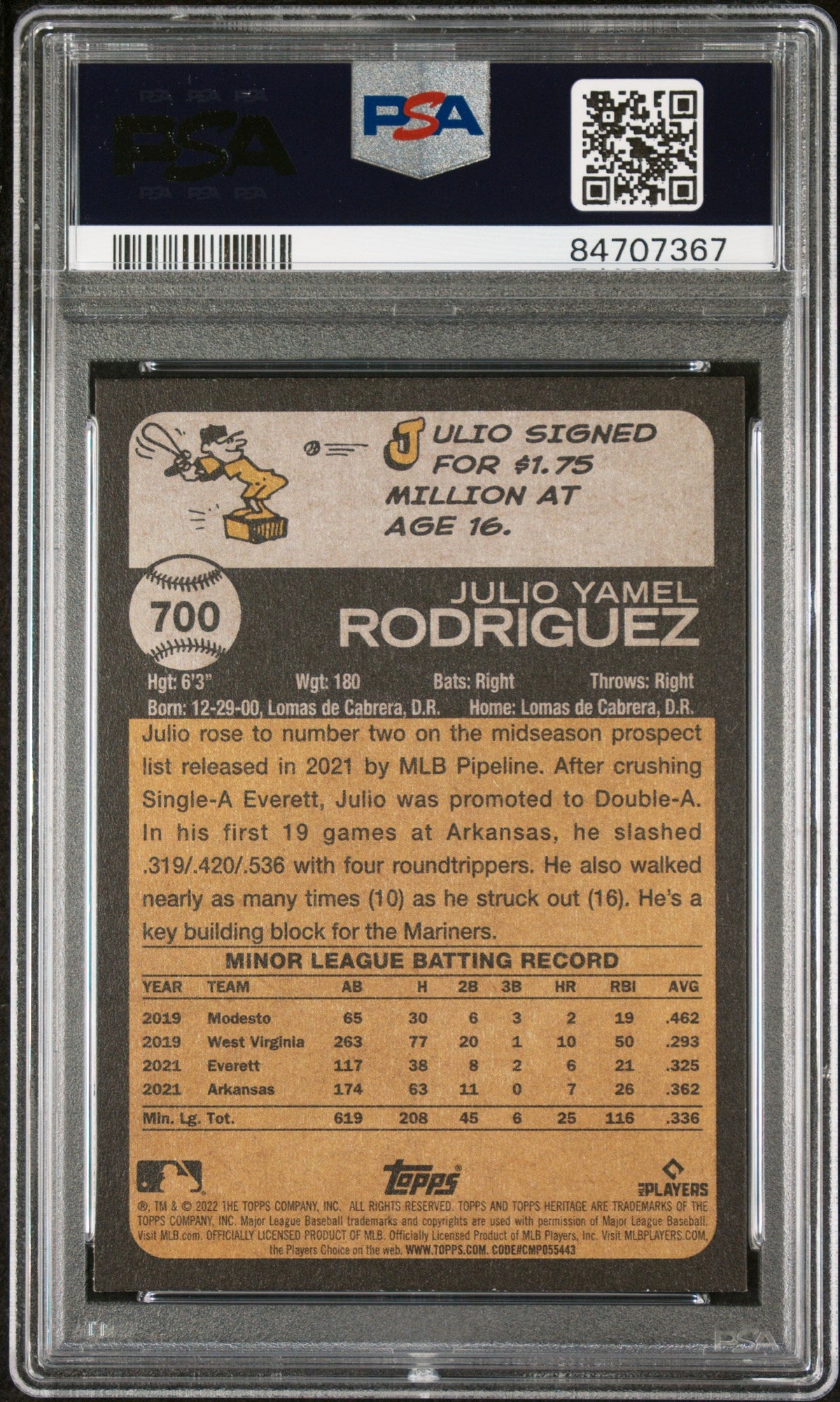 2022 TOPPS HERITAGE JULIO RODRIGUEZ  #700 - PSA 10 ROOKIE CARD