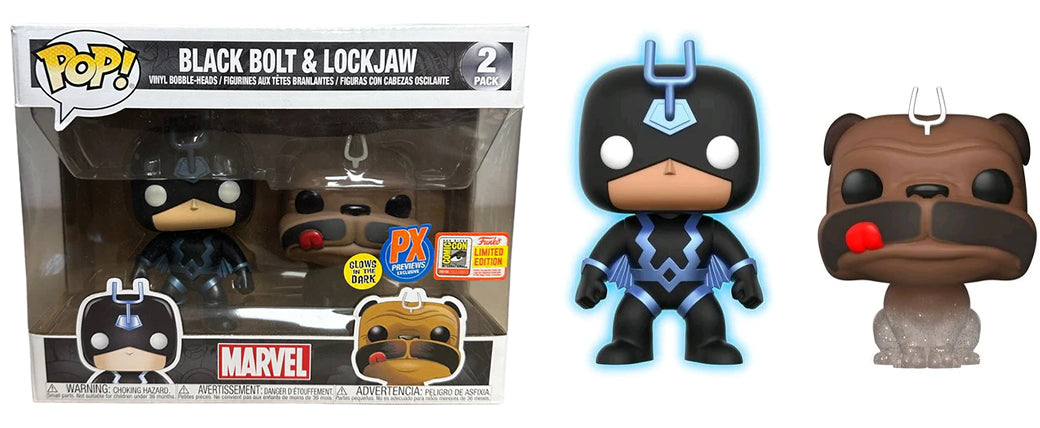 Black Bolt (Glow in the Dark) &amp; Lockjaw (Teleporting, Two Stickers) 2-pk - 2018 SDCC/Previews Exclusive