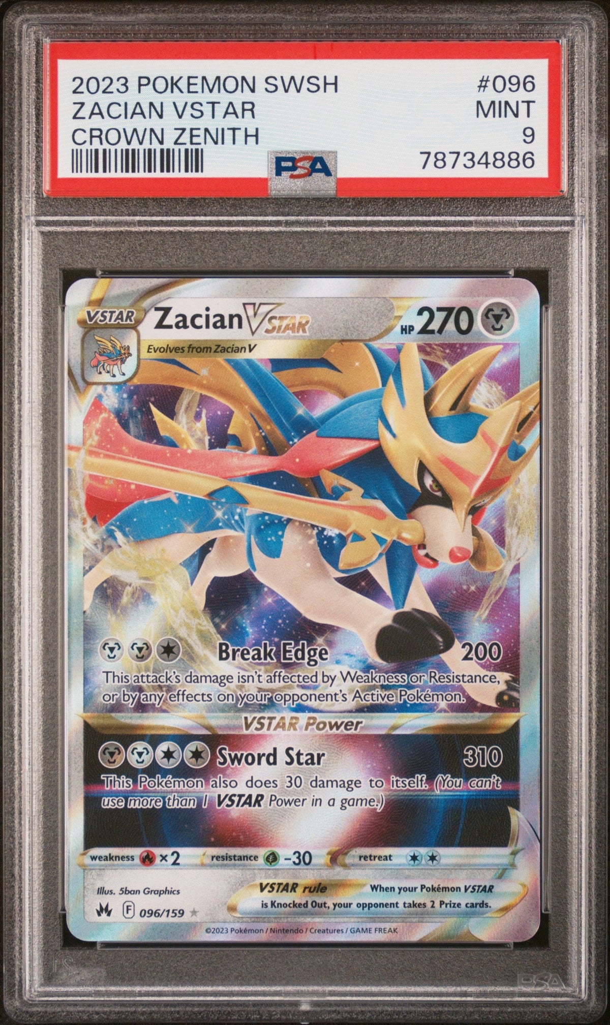 2023 POKEMON SWORD AND SHIELD CROWN ZENITH ZACIAN VSTAR #96 PSA 9