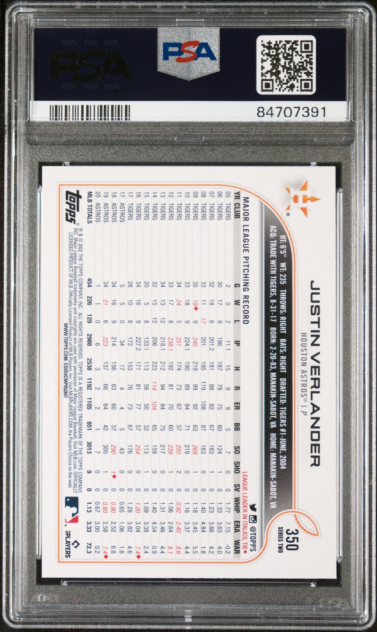 2022 TOPPS JUSTIN VERLANDER  #350 - PSA 10