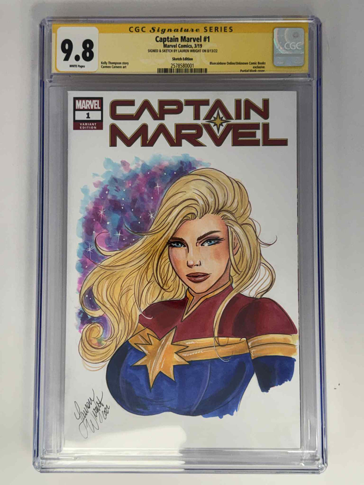 [Signed & Sketch by Lauren Wright] Captain Marvel #1 CGC 9.8 Yellow Label Exclusive Sketch Var