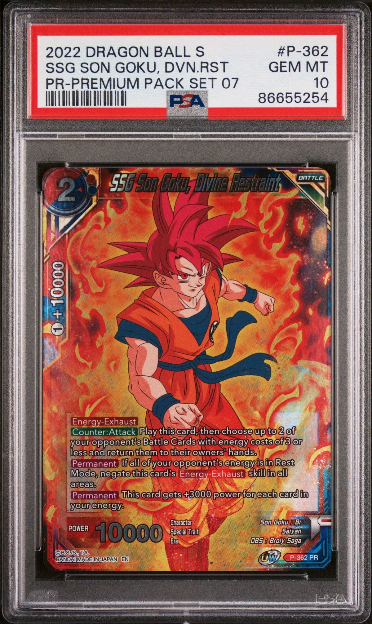 2022 DRAGON BALL SUPER REALM OF THE GODS 7 SSG GOKU, DVN RSTRNT #P-362 - PSA 10