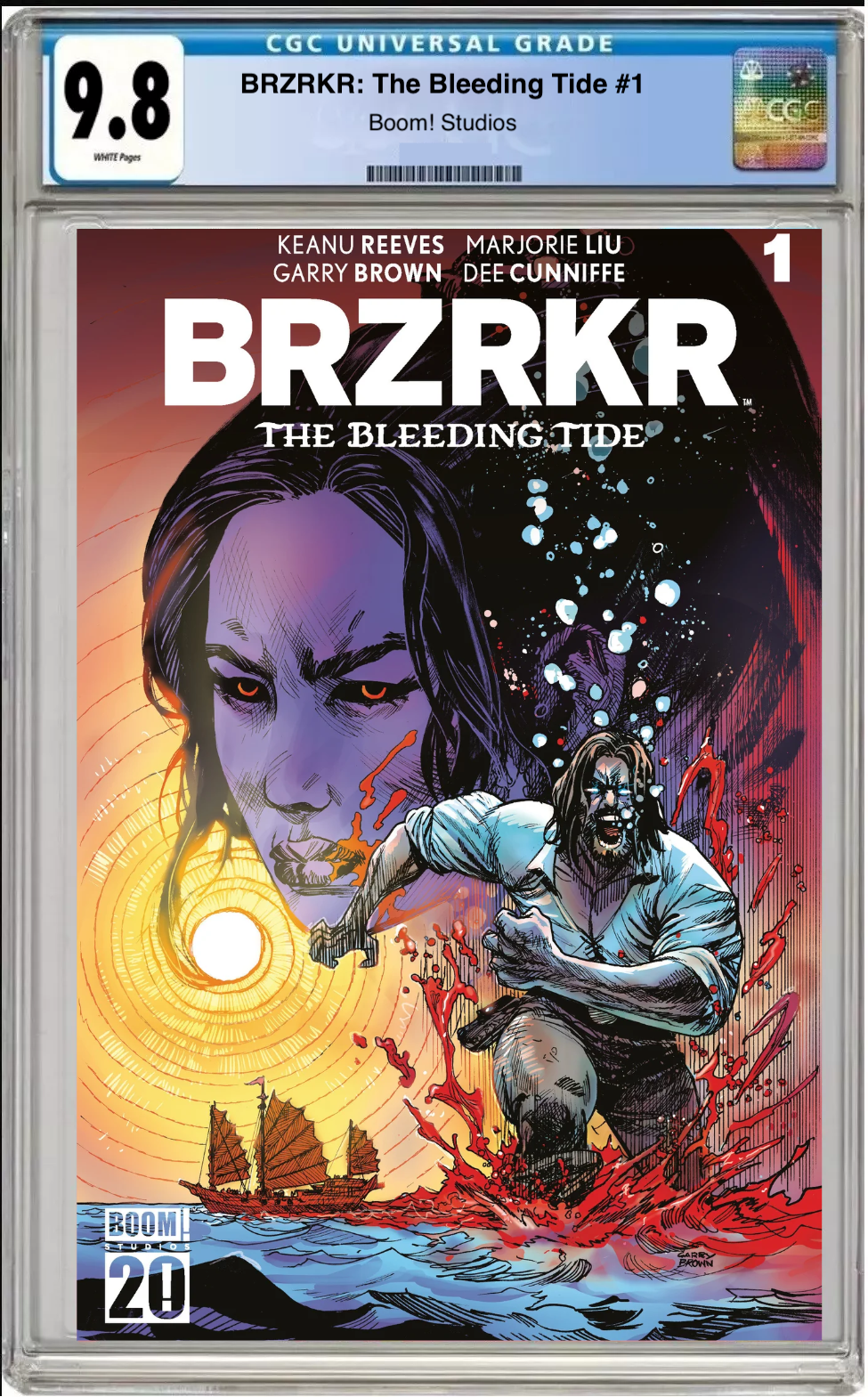 Comic book cover of BRZRKR: The Bleeding Tide #1 Cover C Boom 20th Anniversary Cover with CGC grading label.