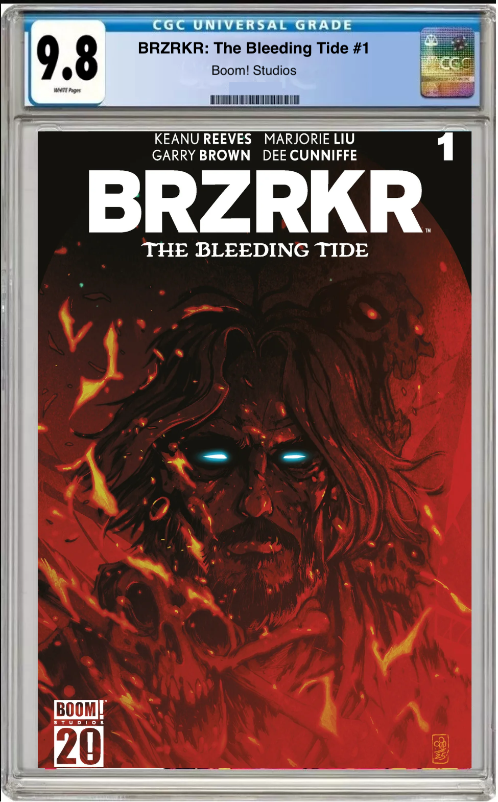 Comic book cover of BRZRKR: The Bleeding Tide #1 Cover C Boom 20th Anniversary Cover with CGC grading label.