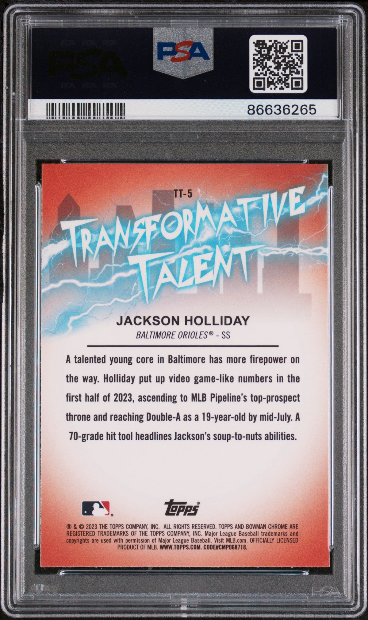 2023 BOWMAN DRAFT TRANSFORMATIVE TALENT JACKSON HOLLIDAY  #TT5 - PSA 9 ROOKIE CARD