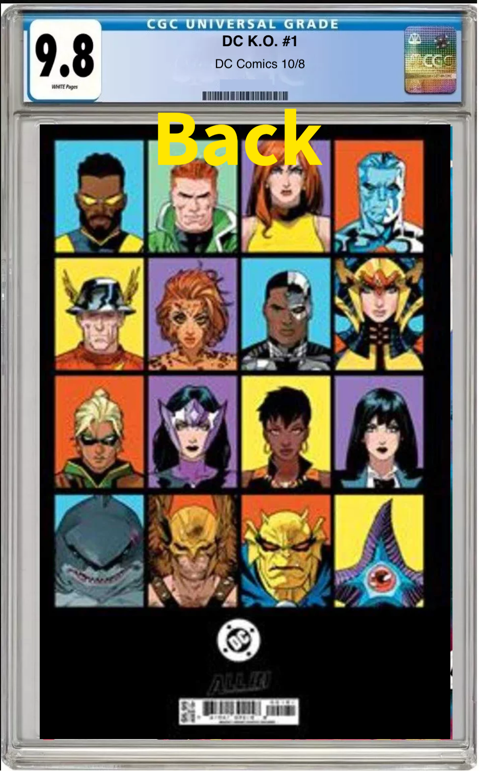 Comic book cover of DC K.O. #1 Dan Mora Bracket Wraparound Cover with CGC grading label. back