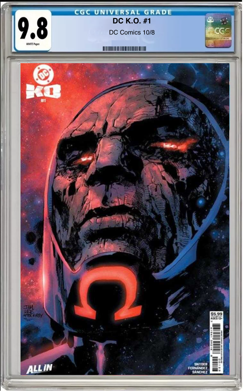 Comic book cover of DC K.O. #1 Jim Lee Cardstock Cover with CGC grading label.