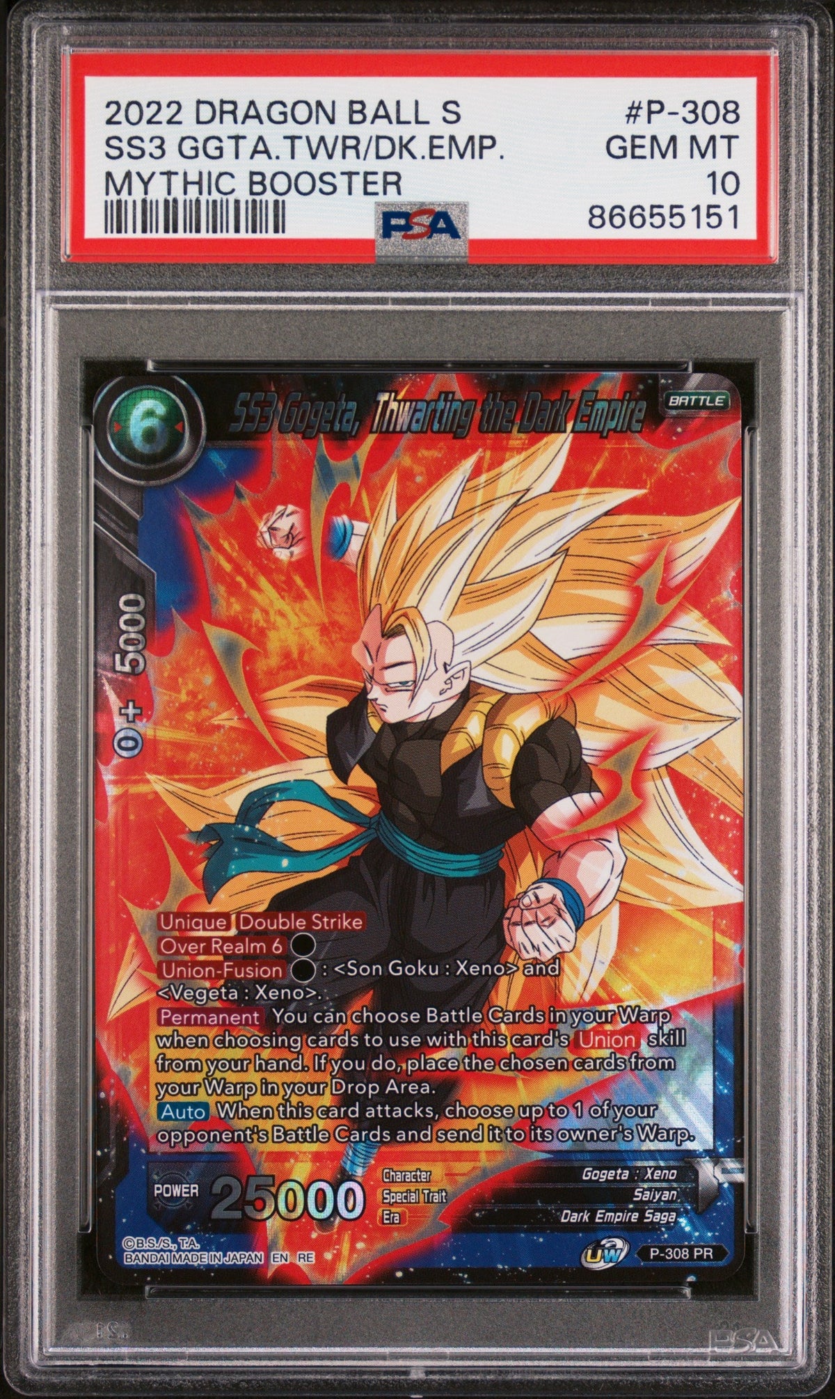 2022 DRAGON BALL SUPER MYTHIC BOOSTER SS3 GOGETA, THWRT/EMP #P-308 - PSA 10