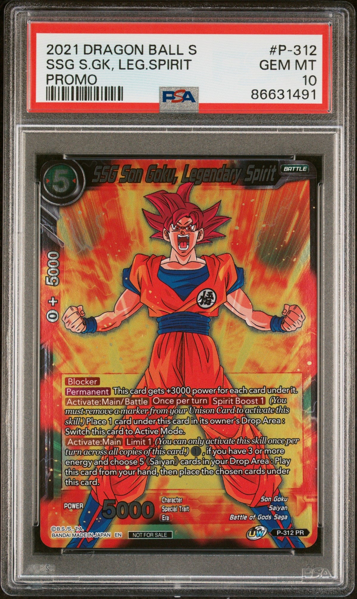 2021 DRAGON BALL SUPER CROSS SPIRITS SSG GOKU, LGNDRY SPRT #P-312 - PSA 10