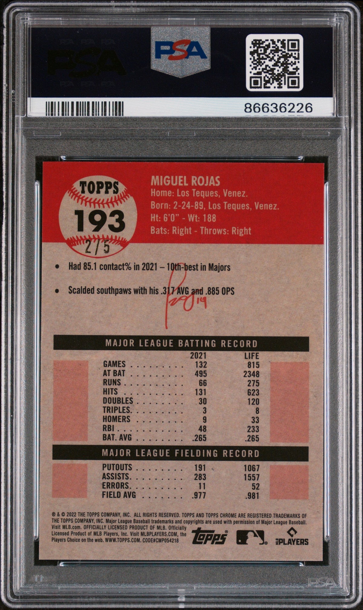 2022 TOPPS CHROME PLATINUM MIGUEL ROJAS RED REFRACTOR #193 - PSA 10