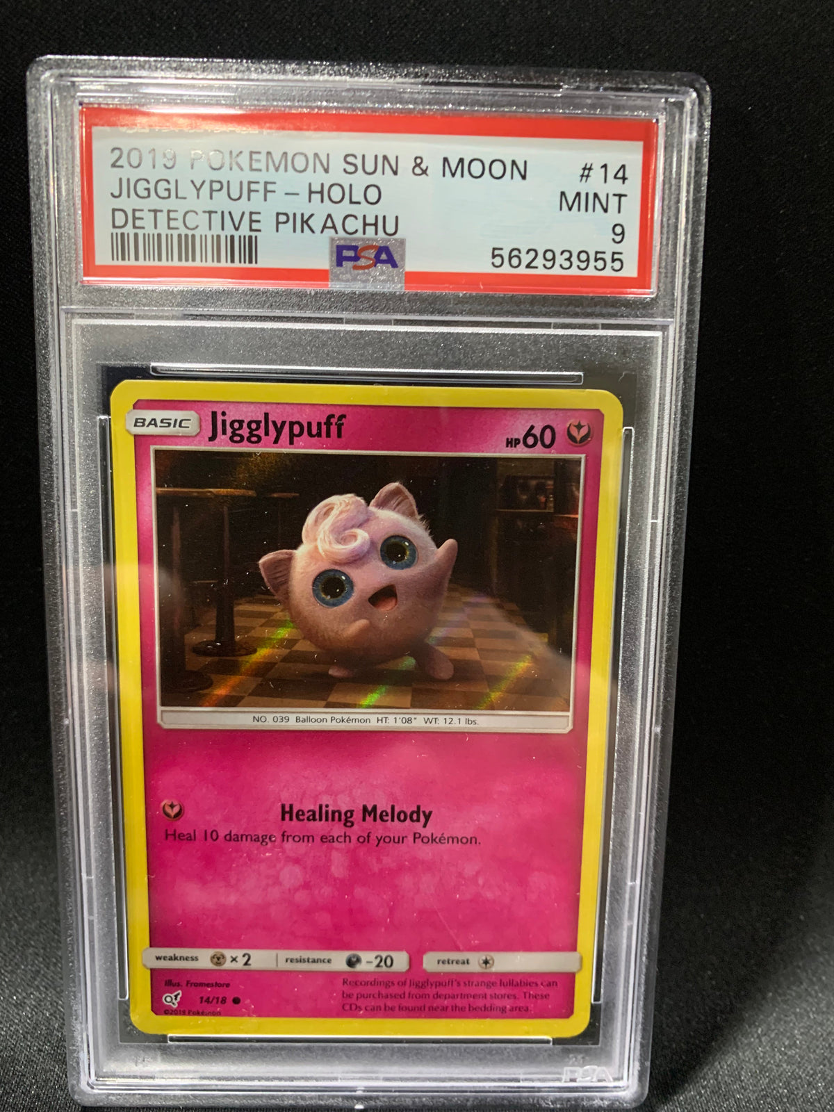2019 POKEMON SUN &amp; MOON DETECTIVE PIKACHU JIGGLYPUFF-HOLO #14 - PSA MINT 9