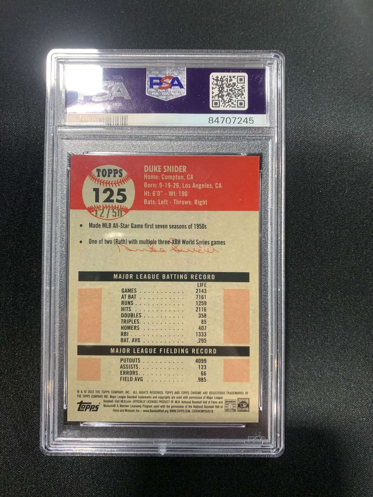 2022 TOPPS CHROME PLATINUM DUKE SNIDER GOLD REFRACTOR #125 - PSA 10