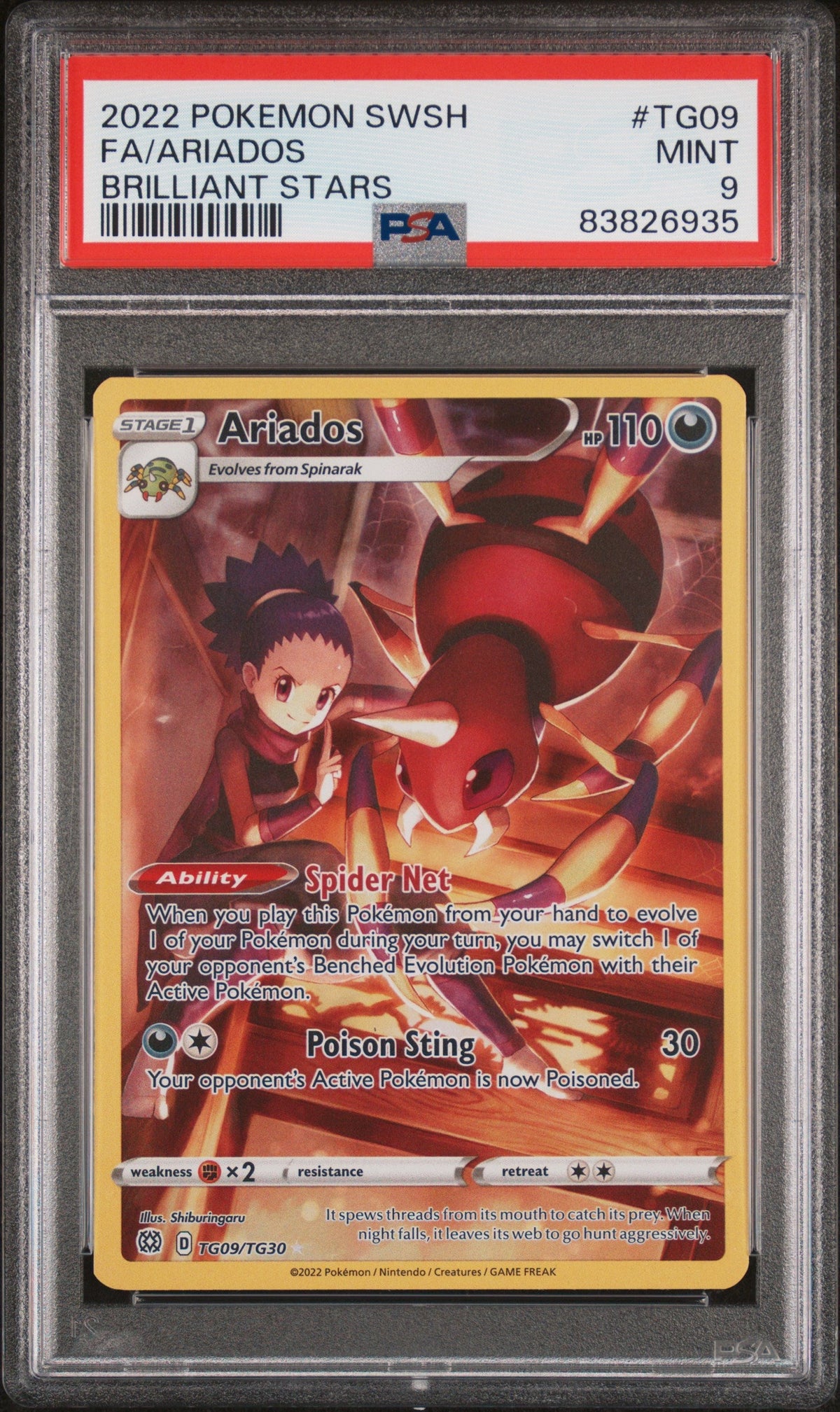 2022 POKEMON SWORD &amp; SHIELD BRILLIANT STARS Full Art ARIADOS #TG09 PSA 9