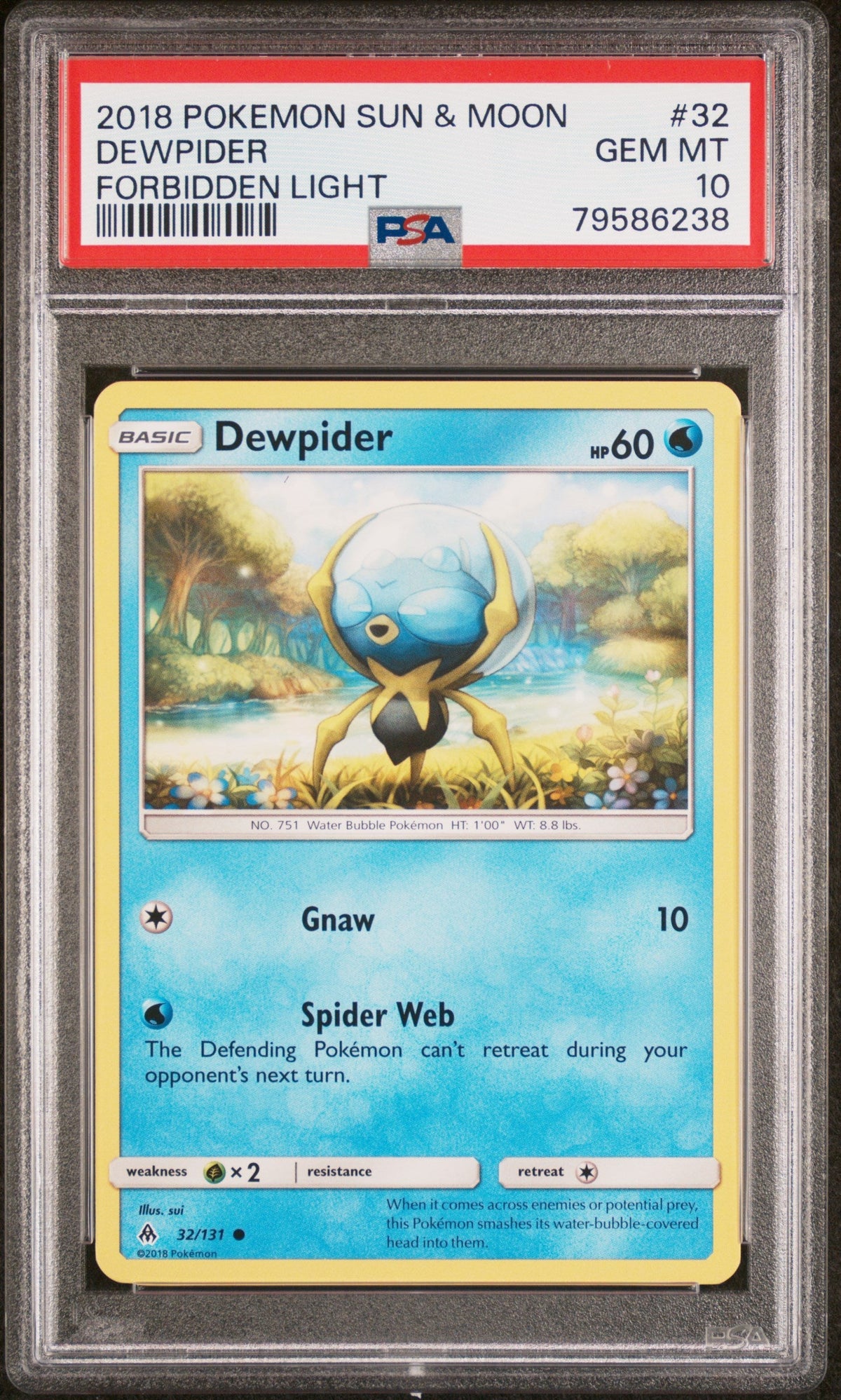 2018 POKEMON SUN &amp; MOON FORBIDDEN LIGHT DEWPIDER #32 - PSA GEM MT 10