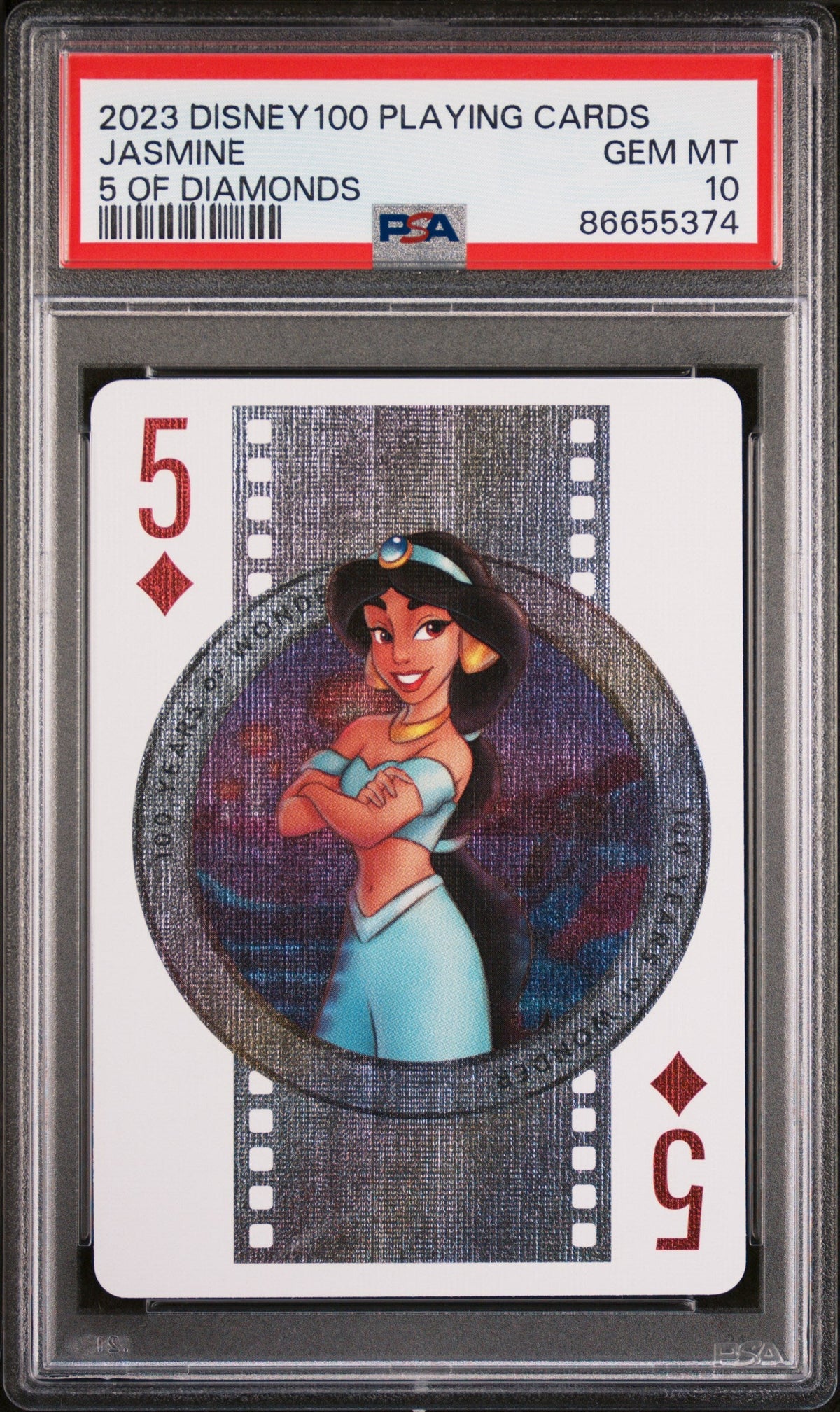 2023 DISNEY 100 PLAYING CARDS JASMINE 5 OF DIAMONDS PSA 10