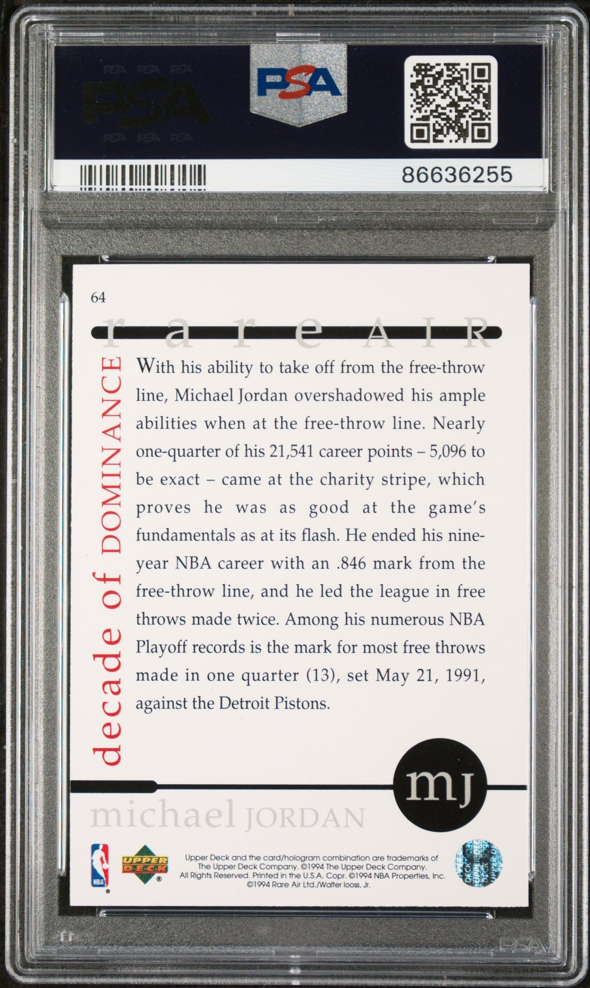 1994 UPPER DECK MJ RARE AIR MICHAEL JORDAN RARE AIR #64 - PSA 9