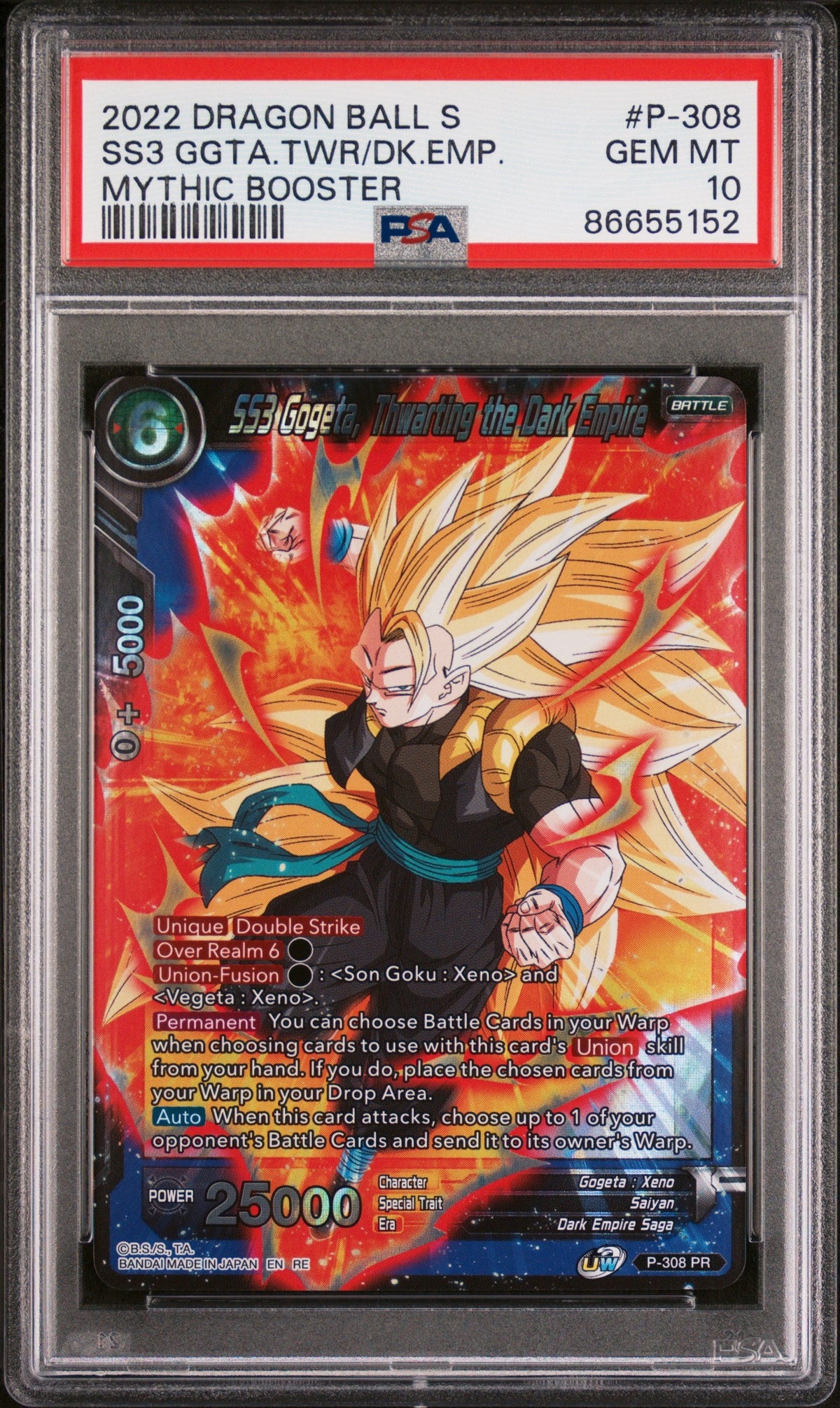 2022 DRAGON BALL SUPER MYTHIC BOOSTER SS3 GOGETA, THWRT/EMP #P-308 - PSA 10