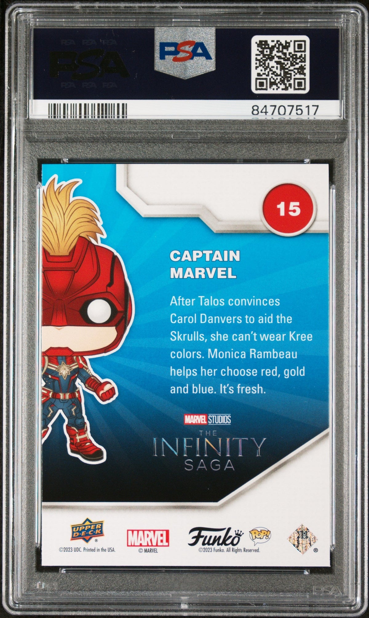 2023 UPPER DECK FUNKO POP MARVEL  CAPTAIN MARVEL PLATINUM #15  PSA 10