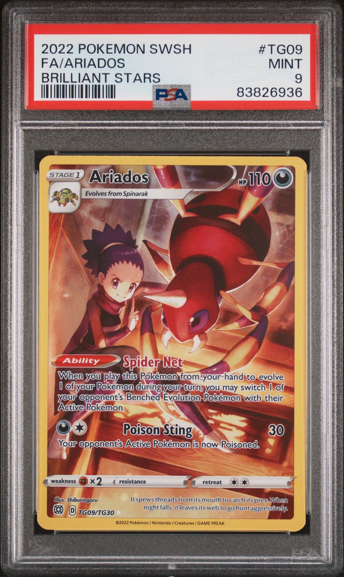 2022 POKEMON SWORD &amp; SHIELD BRILLIANT STARS Full Art ARIADOS #TG09 PSA 9