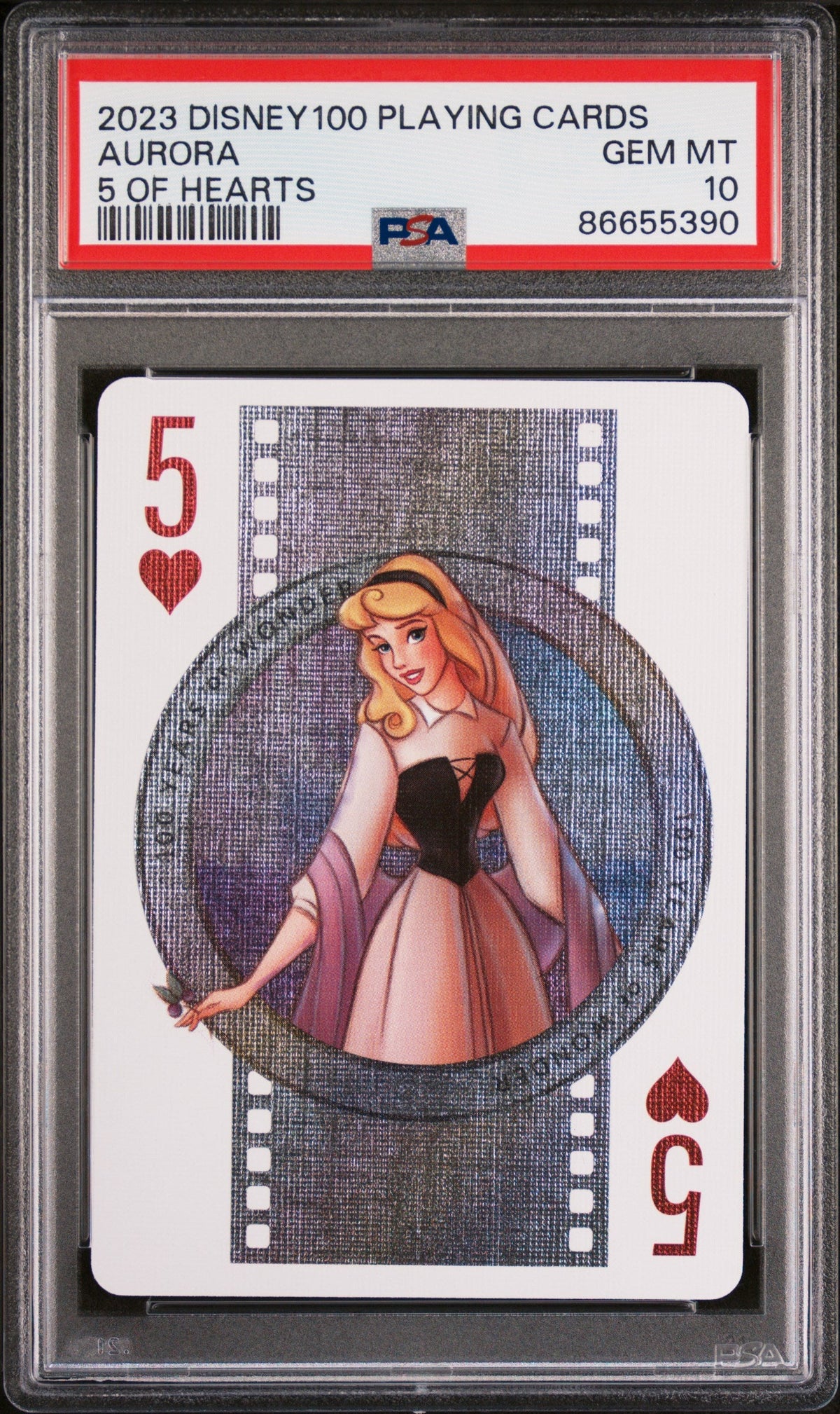 2023 DISNEY 100 PLAYING CARDS AURORA 5 OF HEARTS PSA 10