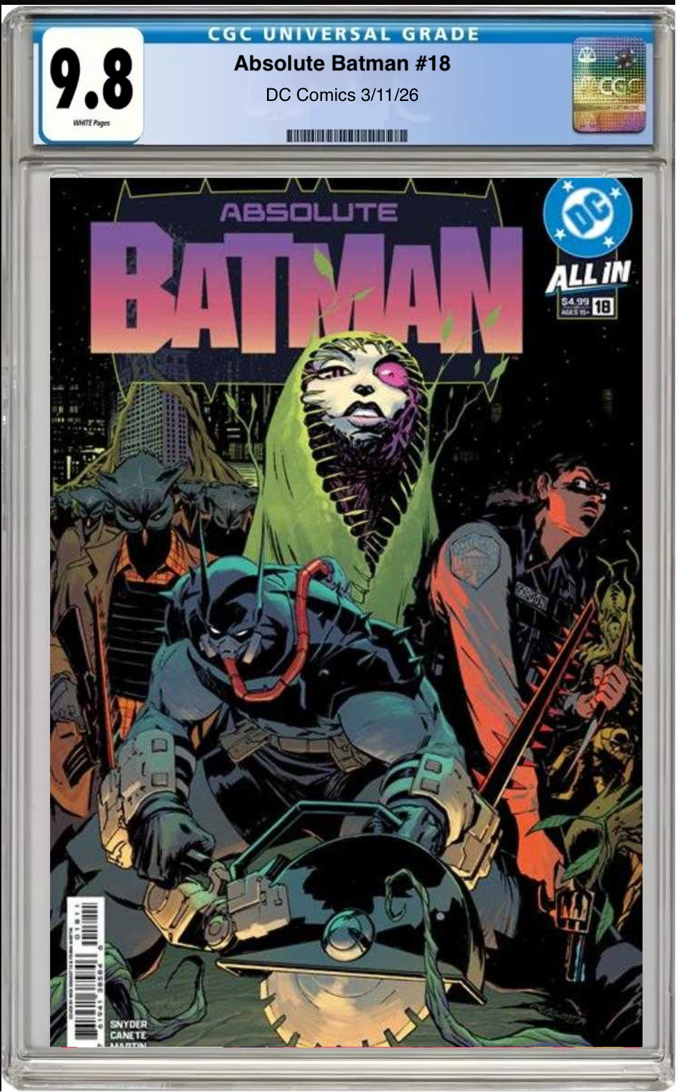 Comic book cover of Absolute Batman #18 Cover A with CGC grading label.