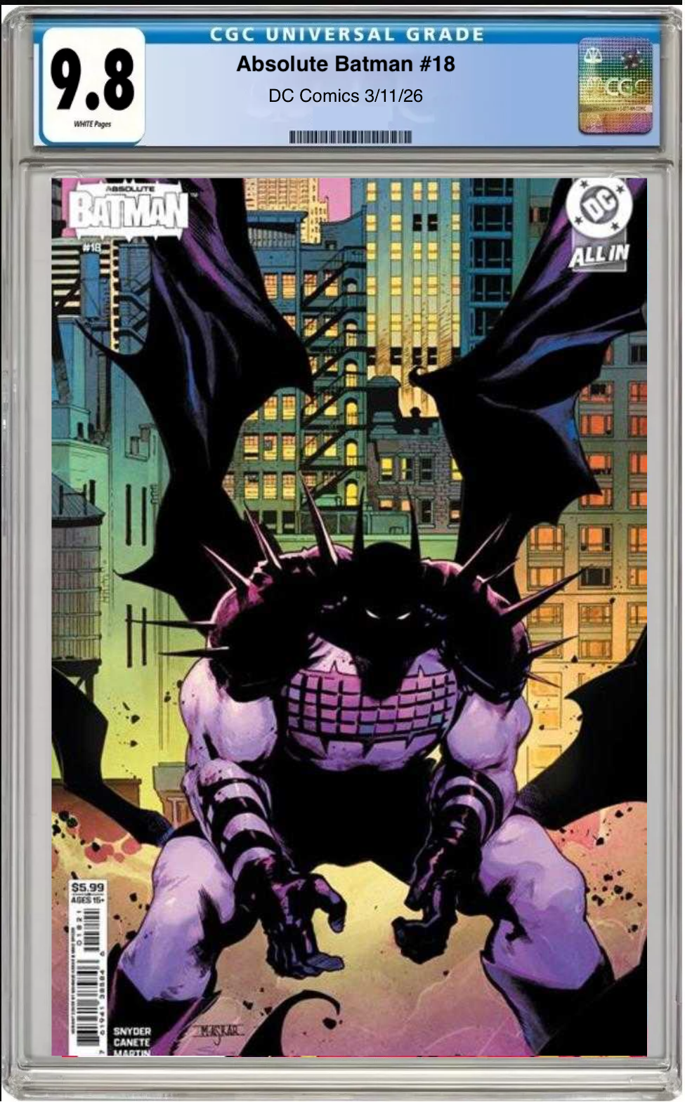 Comic book cover of Absolute Batman #18 Cover B with CGC grading label.
