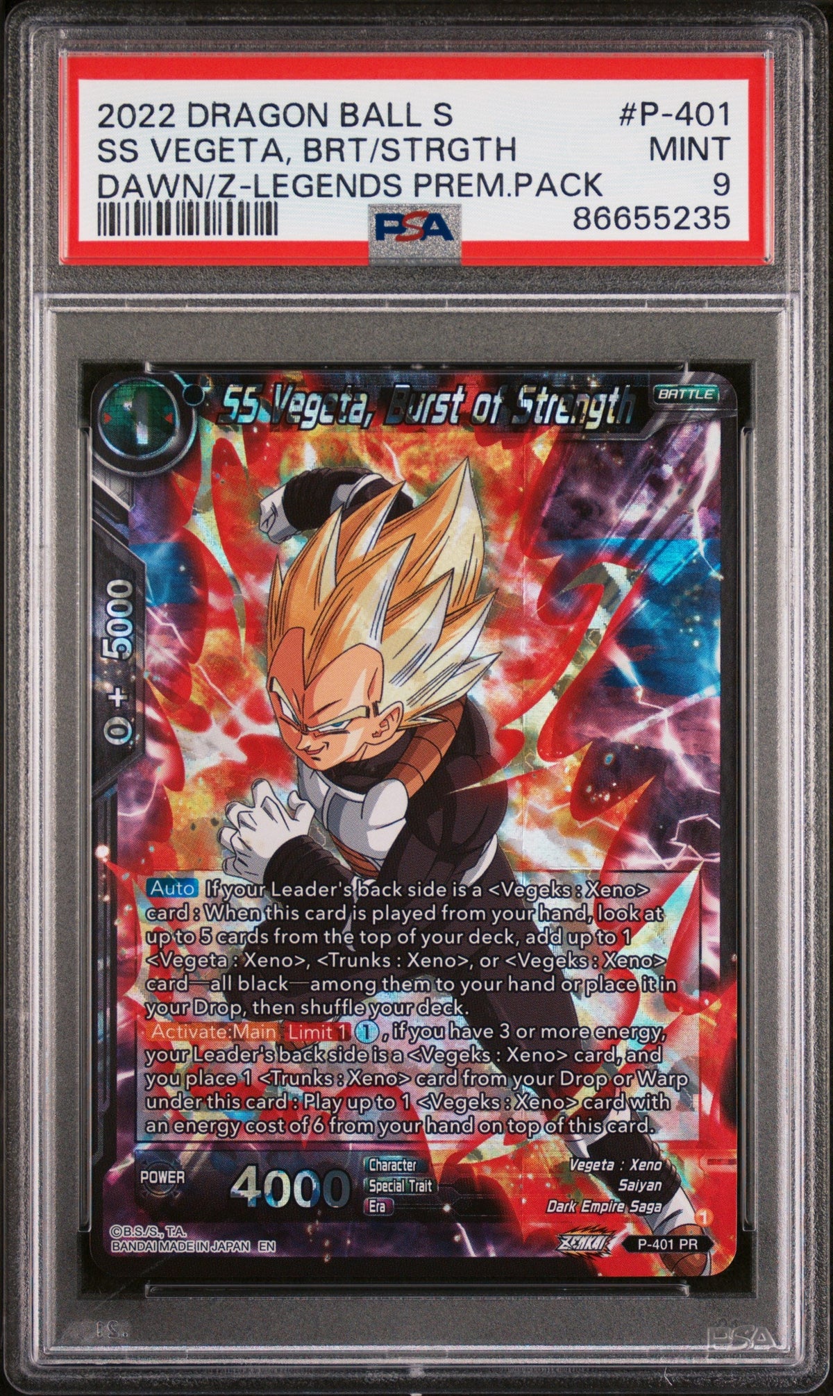 2022 DRAGON BALL SUPER DAWN OF THE Z-LEGENDS SS VEGETA, BRS/STRGTH #P-401 PSA 9