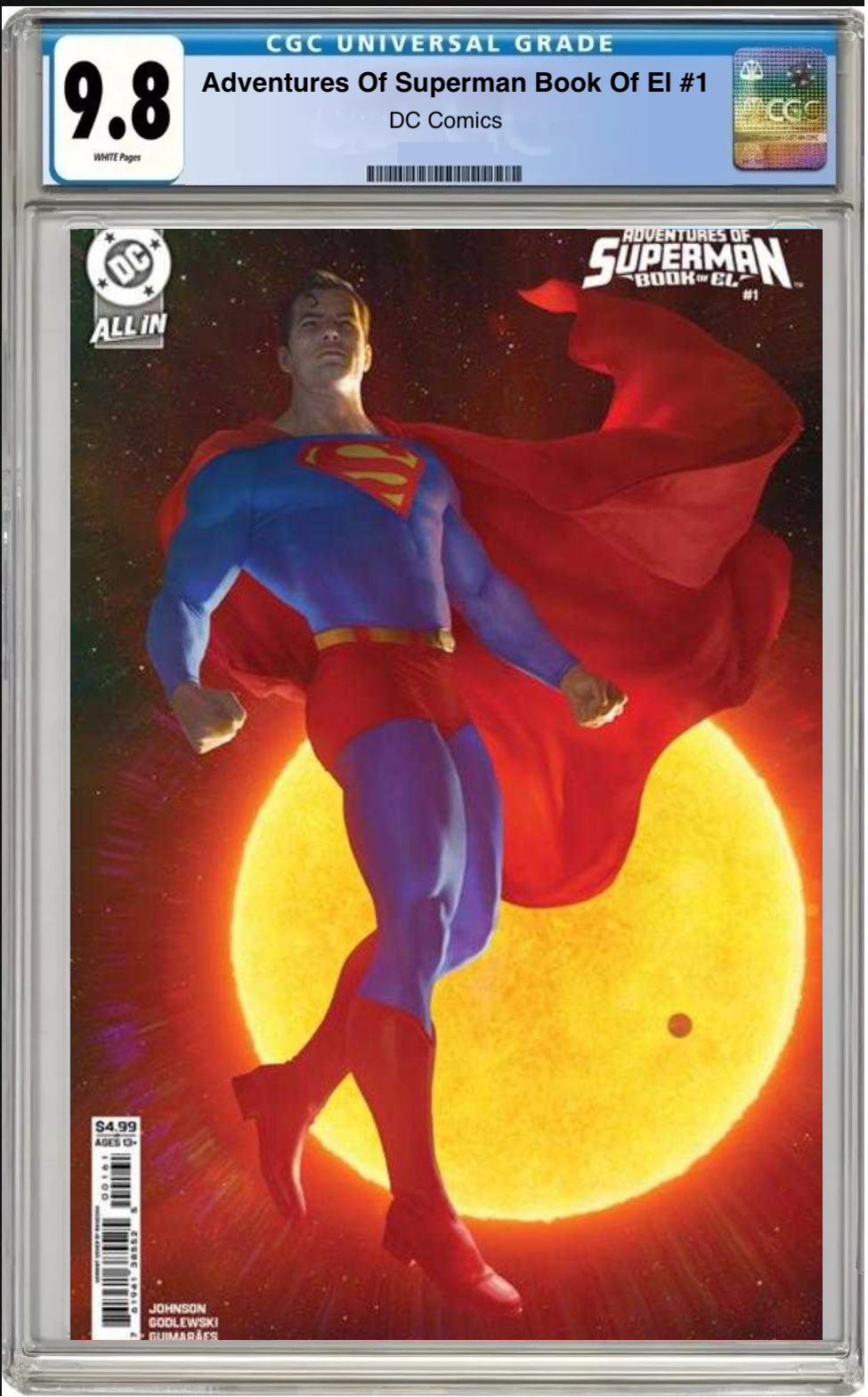 Comic book cover of Adventures of Superman: Book of El #1 Rahzzah Card Stock Cover with CGC 9.8 grading label.