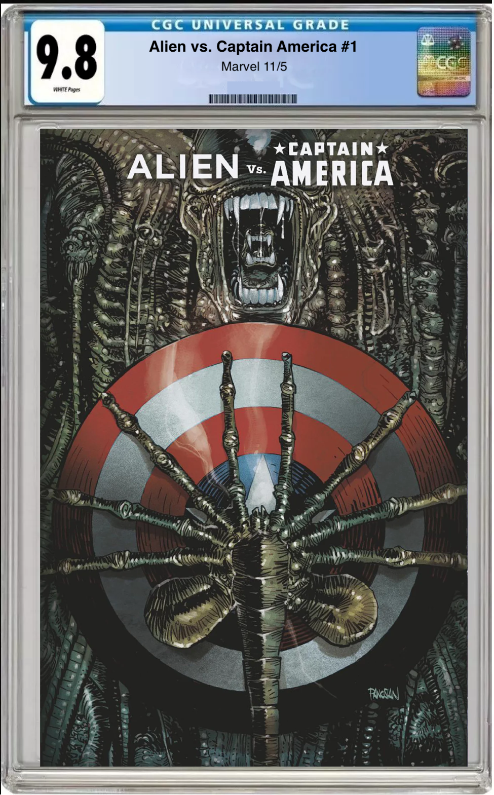 Comic book cover of Alien vs. Captain America #1 Dan Panosian Foil Cover with CGC grading label.