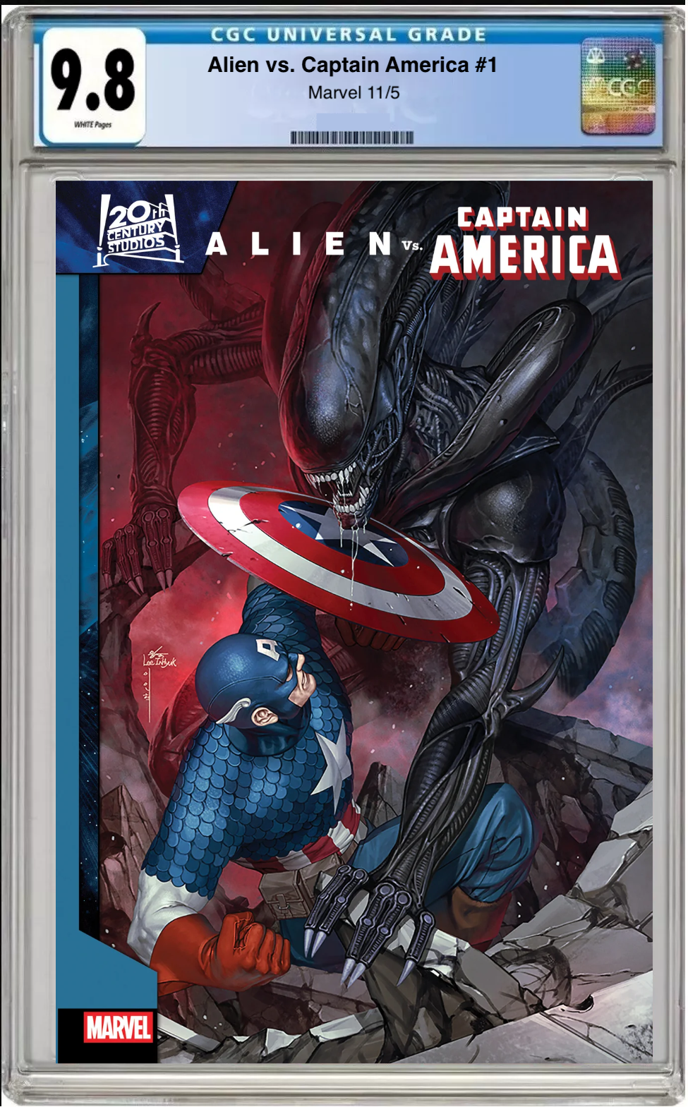 Comic book cover of Alien vs. Captain America #1 InHyuk Lee Cover with CGC grading label.