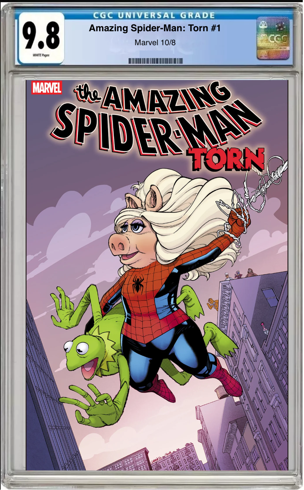 Comic book cover of Amazing Spider-Man #1 Javier Garron Muppets Cover with CGC grading label.
