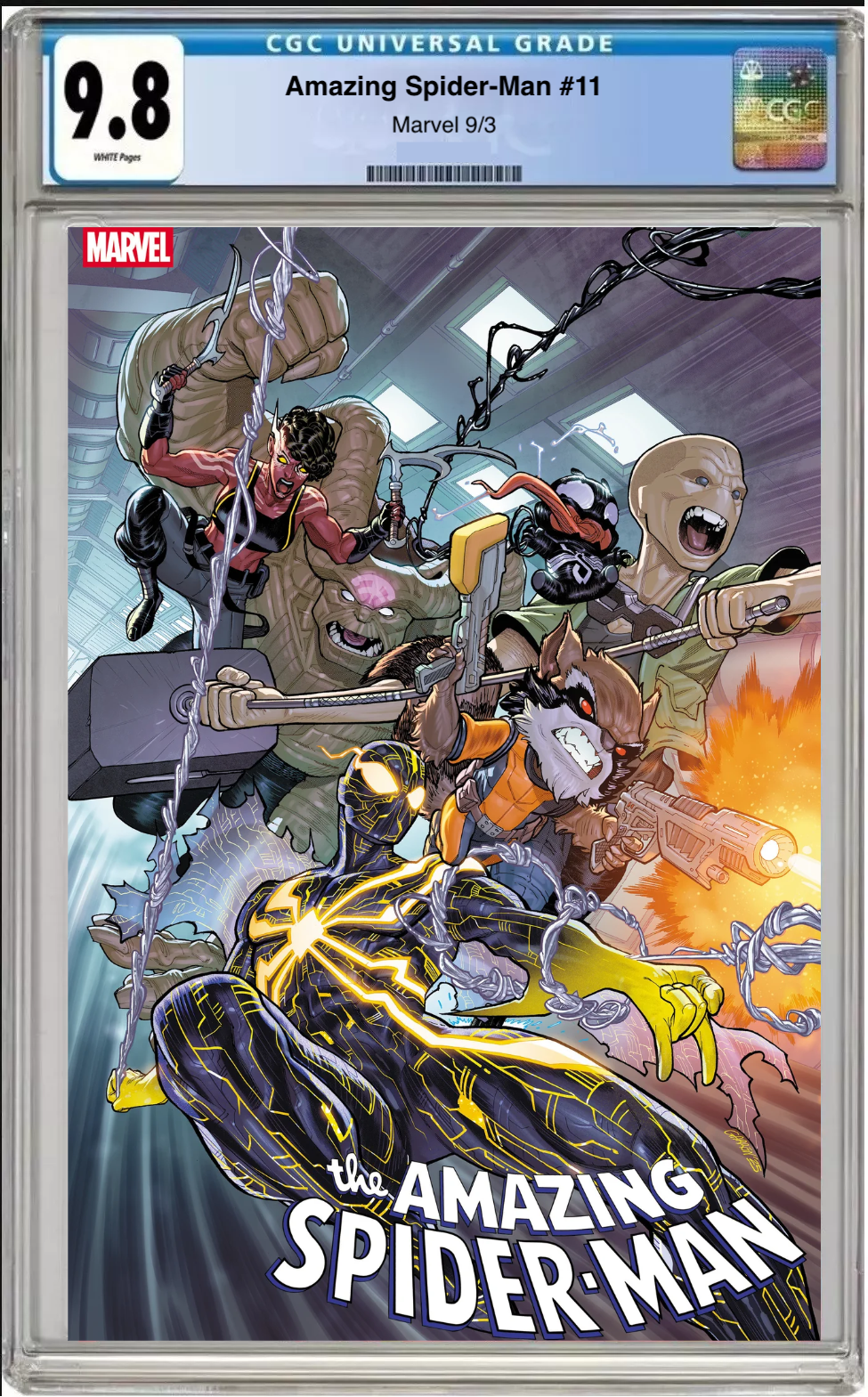 Comic book cover of Amazing Spider-Man #11 Javier Garron Spoiler variant with CGC 9.8 grading label.