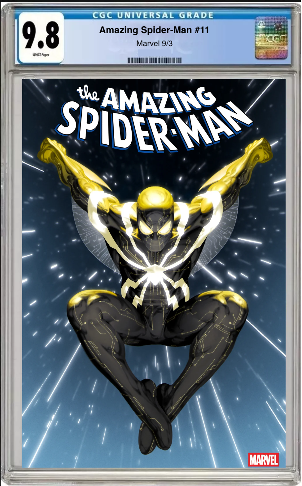 Comic book cover of Amazing Spider-Man #11 Junggeun Yoon New Costume variant with CGC 9.8 grading label.