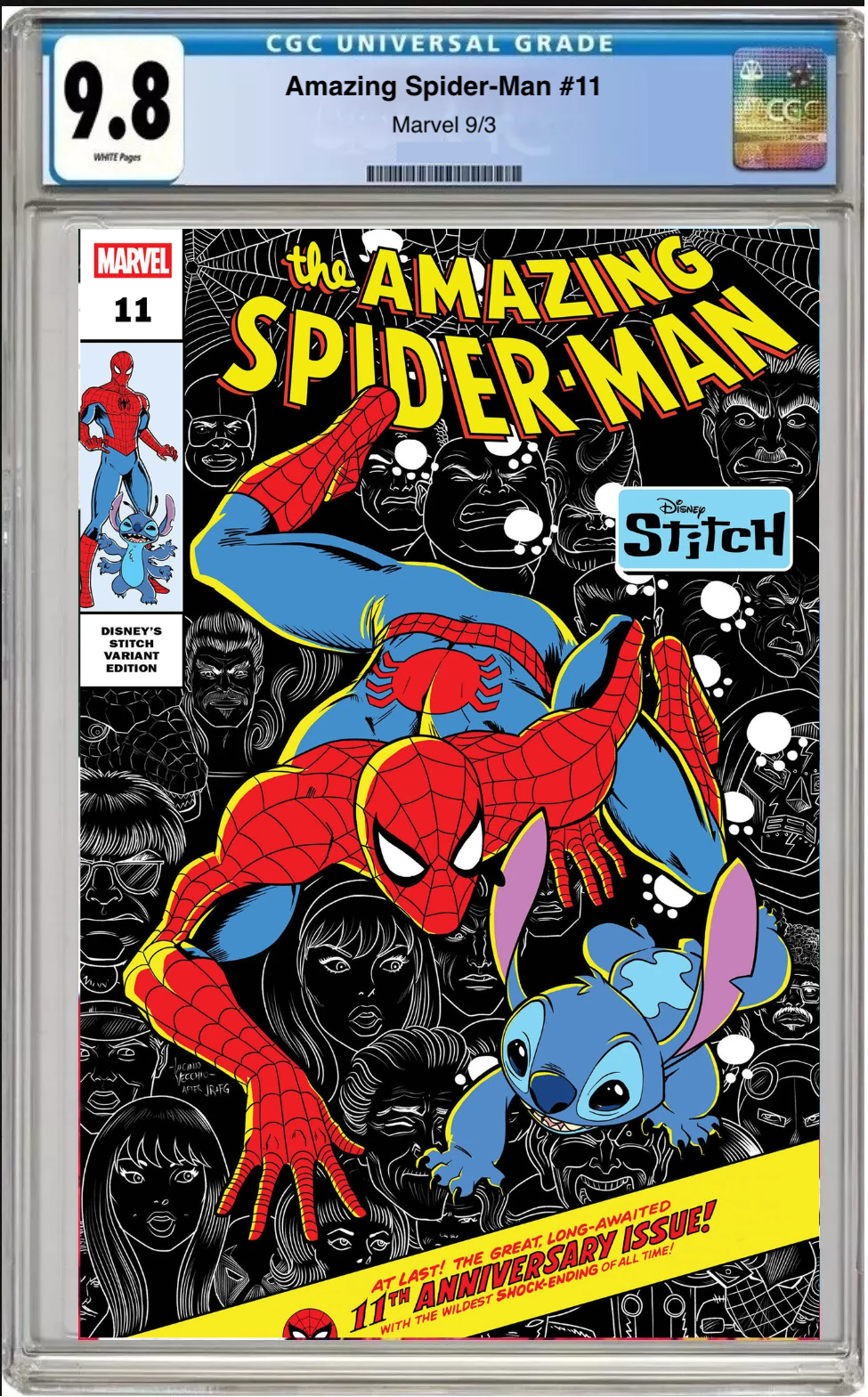 Comic book cover of Amazing Spider-Man #11 Luciano Vecchio Disney Stitch variant with CGC 9.8 grading label.