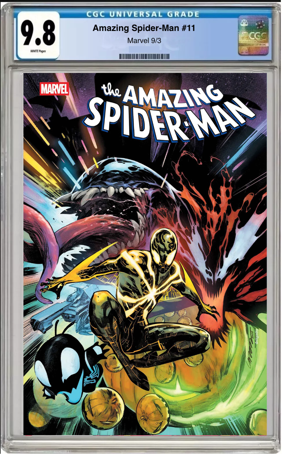 Comic book cover of Amazing Spider-Man #11 Pepe Larraz Promo variant with CGC 9.8 grading label.
