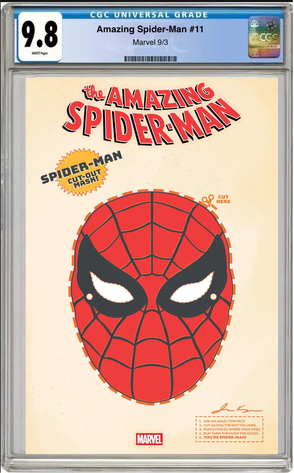 Comic book cover of Amazing Spider-Man #11 Retro Halloween Mask variant with CGC 9.8 grading label.