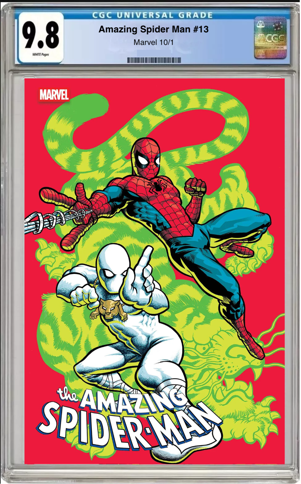 Comic book cover of Amazing Spider-Man #13 Gonzo White Tiger Team-Up with CGC grading label