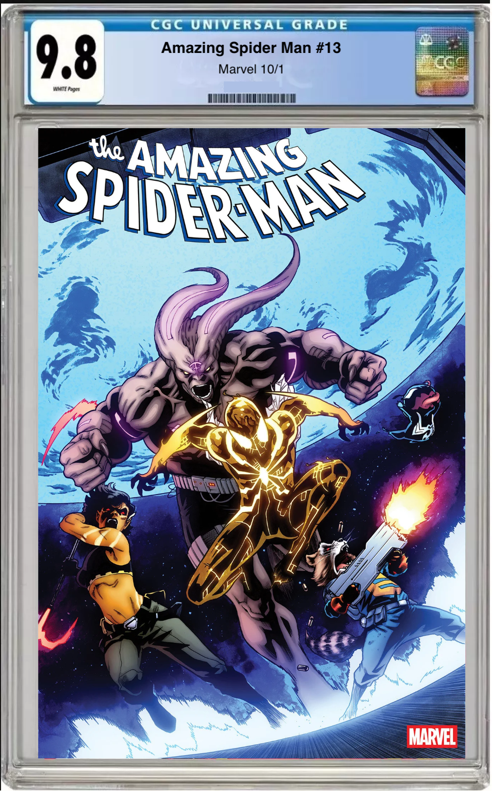 Comic book cover of Amazing Spider-Man #13 Pere Perez Cover with CGC grading label