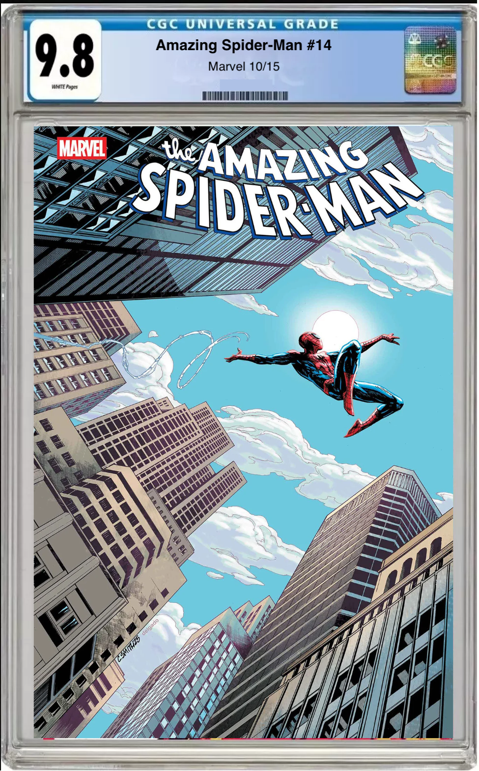 Comic book cover of Amazing Spider-Man #14 Cory Smith Cover with CGC grading label.
