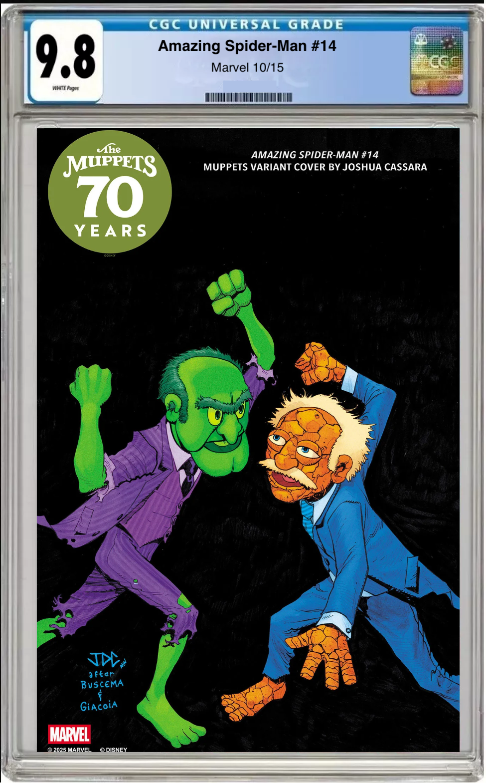 Comic book cover of Amazing Spider-Man #14 Joshua Cassara Muppets Cover with CGC grading label.