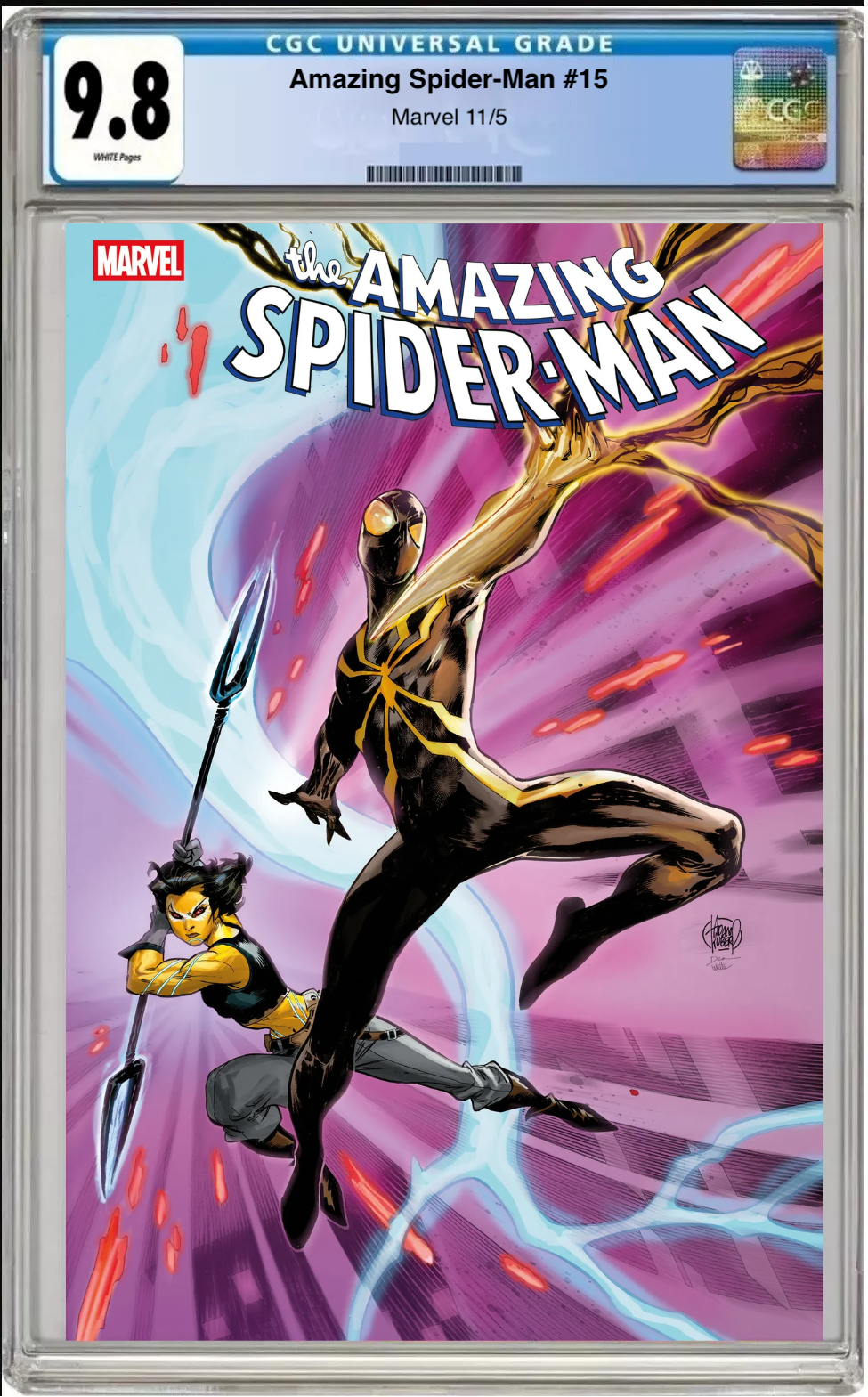 Comic book cover of Amazing Spider-Man #15 Adam Kubert Cover with CGC 9.8 grading label.Select 84 more words to run Humanizer.