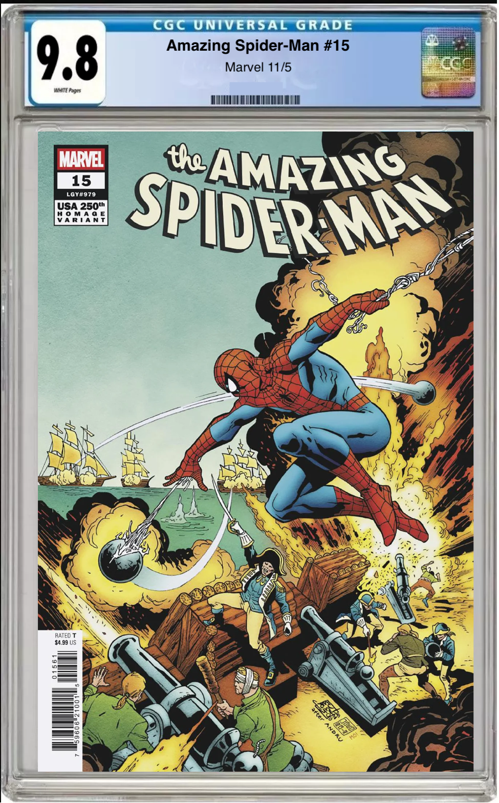 Comic book cover of Amazing Spider-Man #15 Giuseppe Camuncoli 250th Homage Cover with CGC 9.8 grading label.