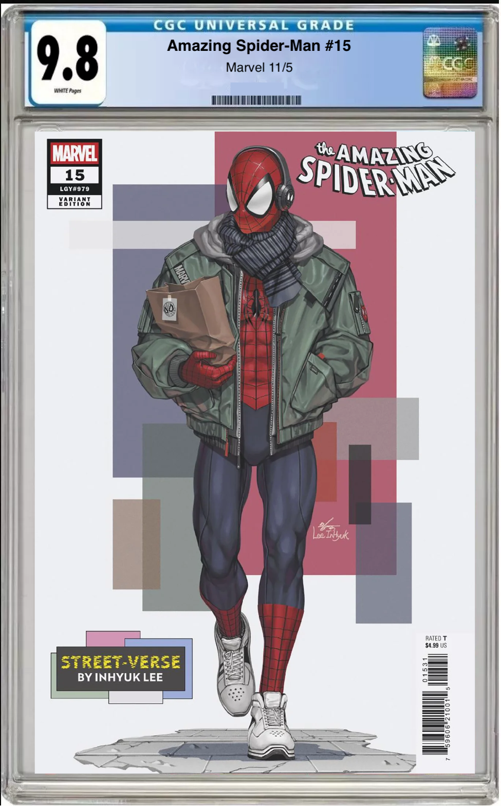 Comic book cover of Amazing Spider-Man #15 InHyuk Lee Street-Verse Cover with CGC 9.8 grading label.