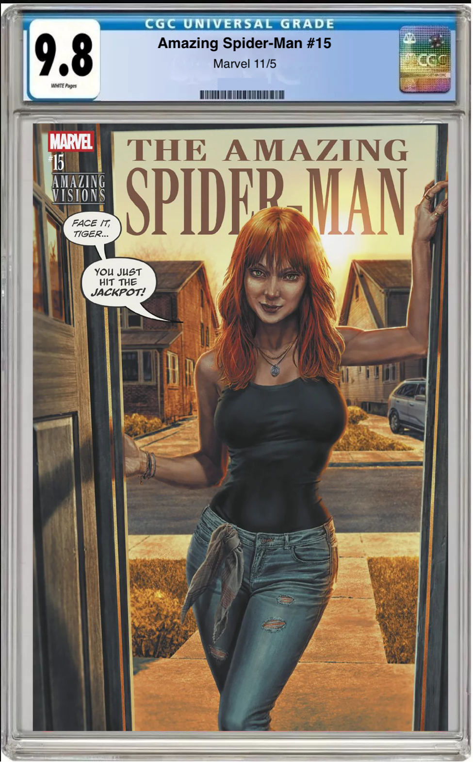 Comic book cover of Amazing Spider-Man #15 Lee Bermejo Visions Cover with CGC 9.8 grading label.